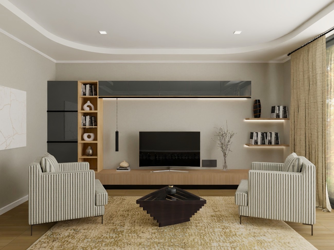 Living room with striped armchairs and TV unit - Beautiful Homes