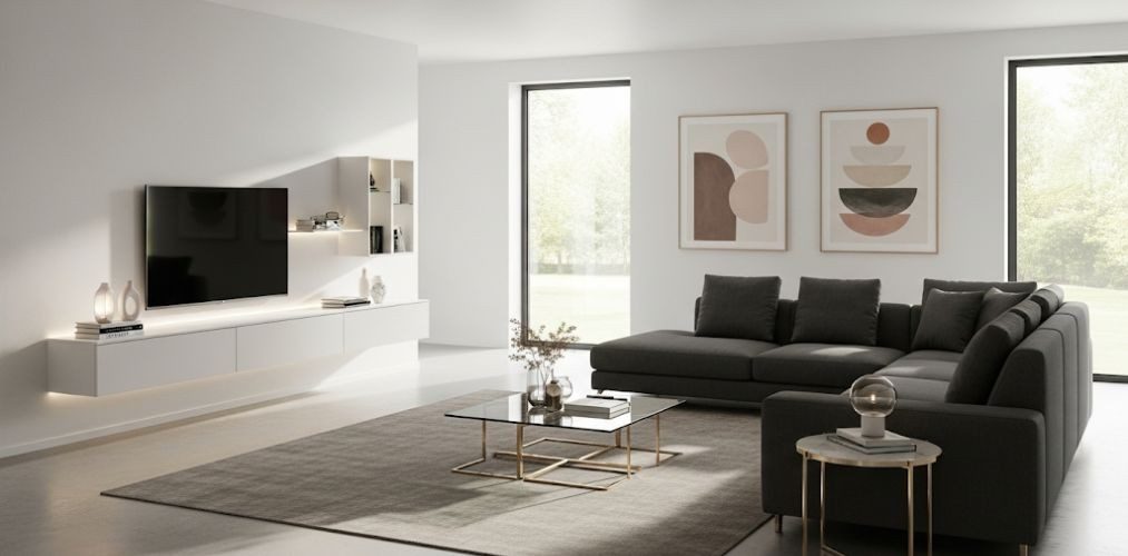 Living room with grey sofa and modern décor - Beautiful Homes