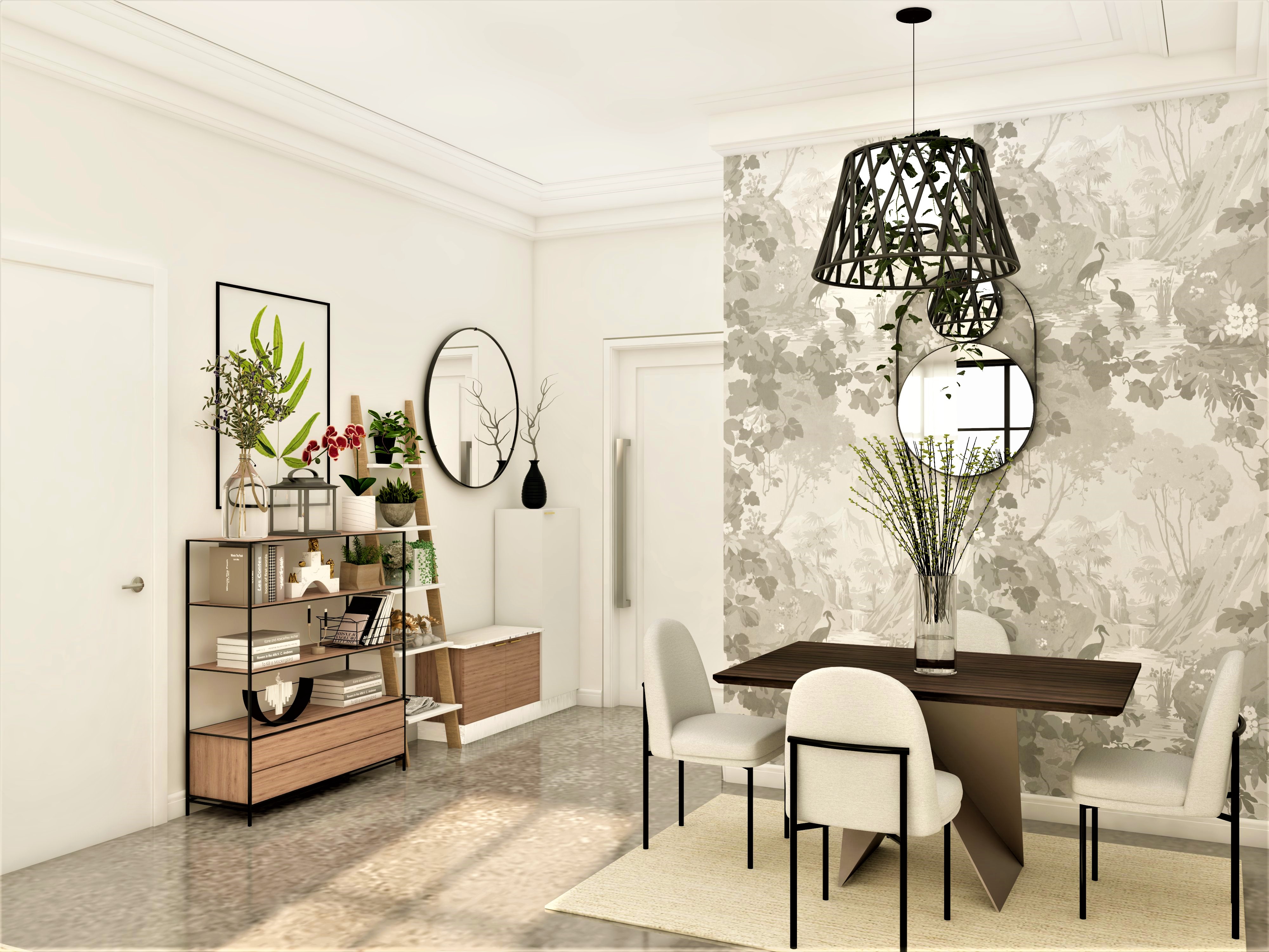 Modern dining room with white dining chair- Beautiful Homes