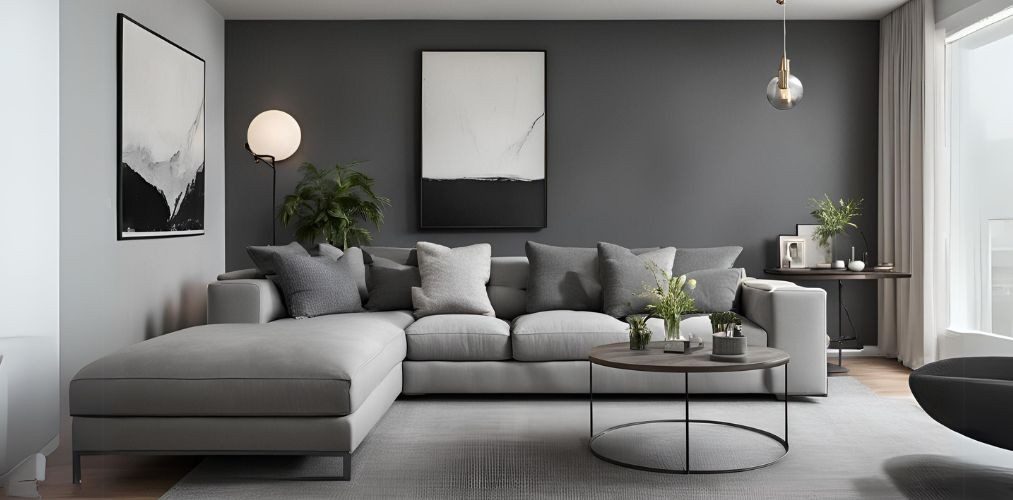 Minimalistic living room design with light grey sofa and dark grey accent wall - Beautiful Homes