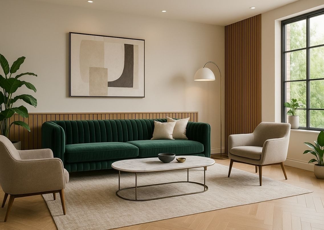 Modern living room with green sofa and décor - Beautiful Homes