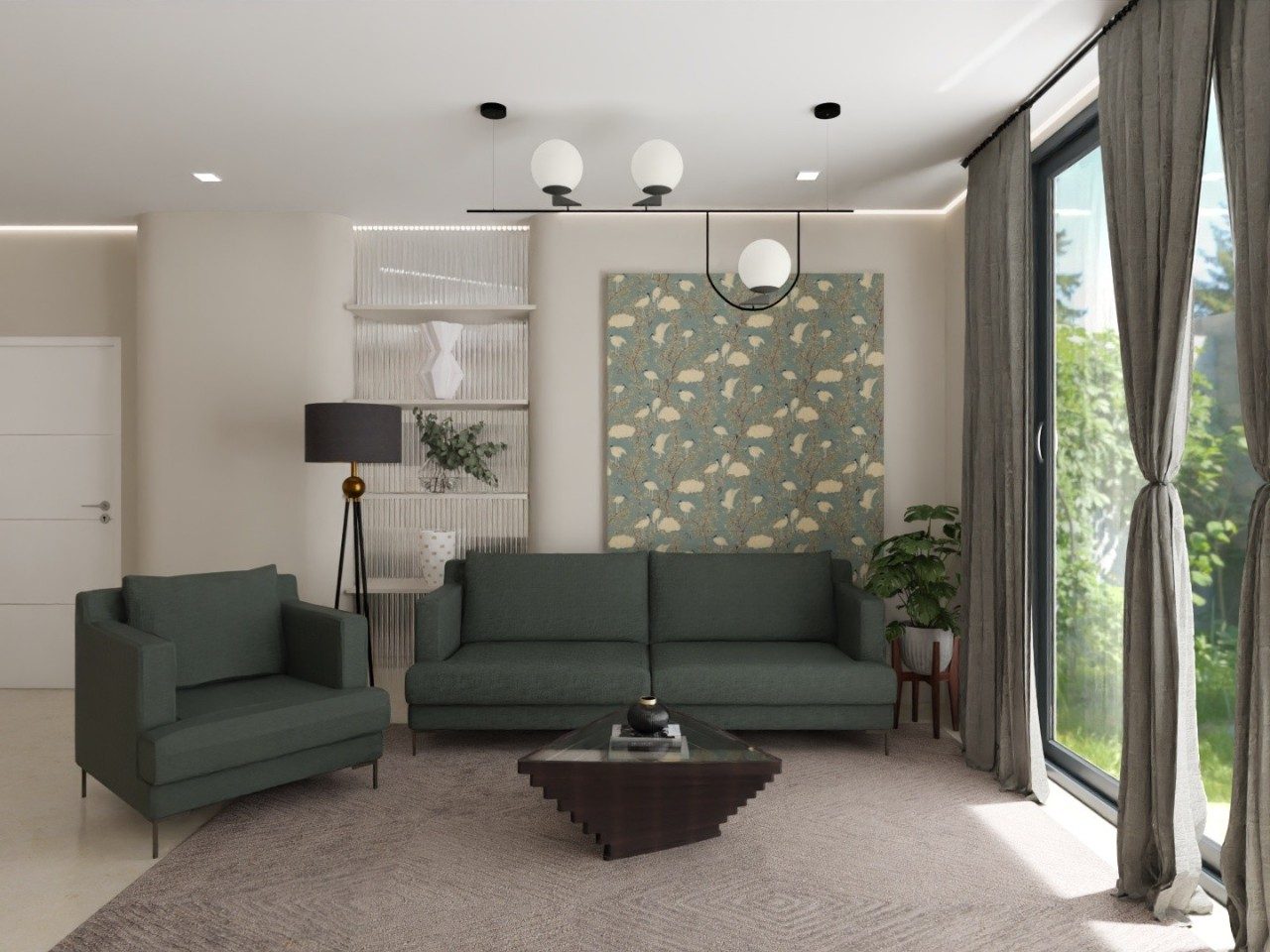 Living room with green sofa and textured wall - Beautiful Homes