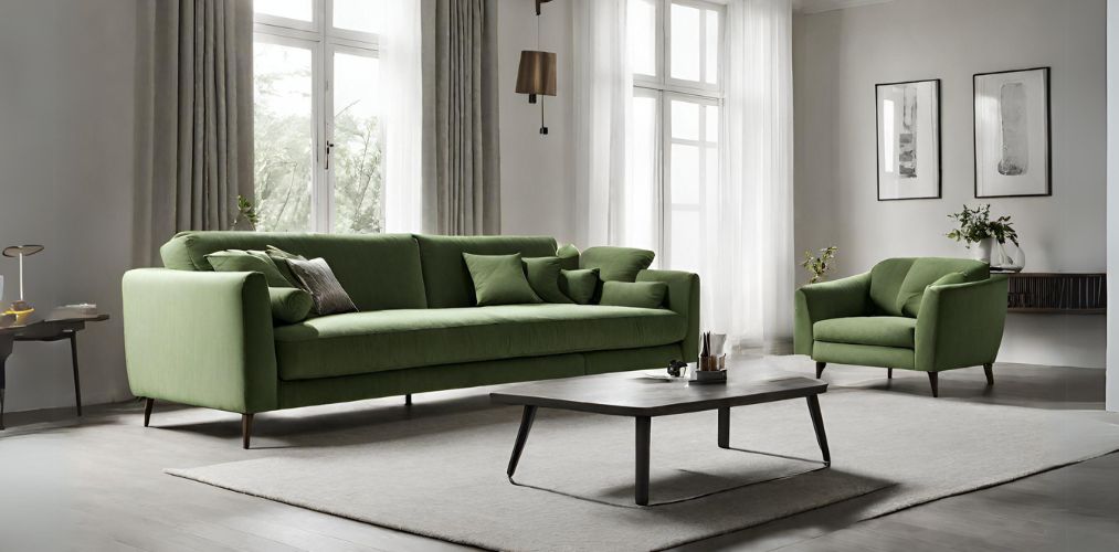 Minimalistic living room with green sofa set - Beautiful Homes