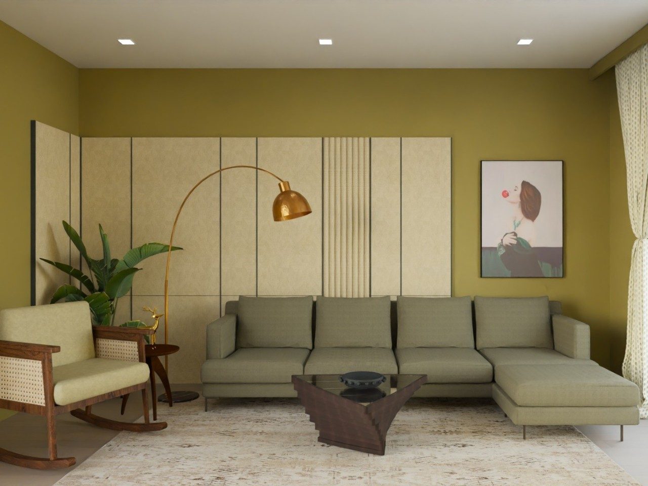 Green sofa living room with artistic décor - Beautiful Homes