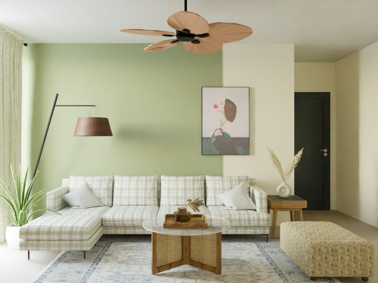 Living room with plaid sofa and green wall décor - Beautiful Homes