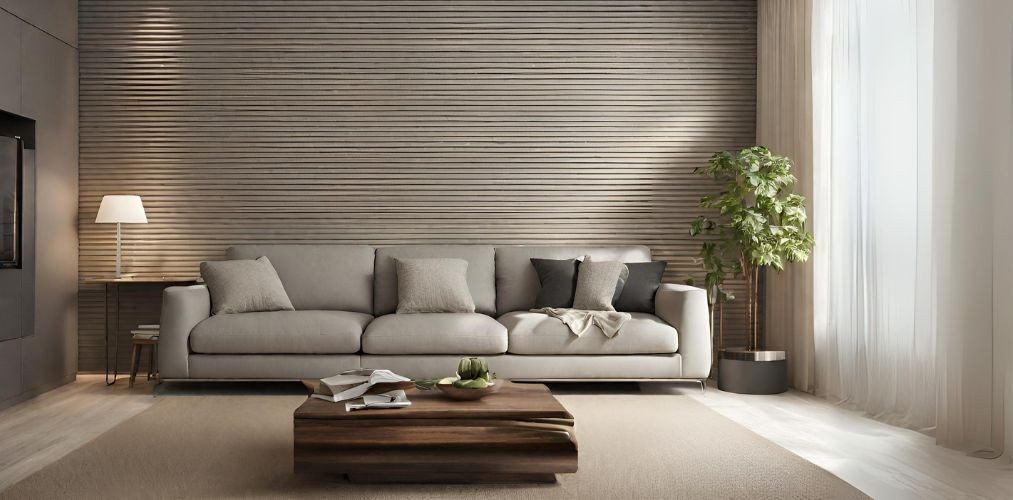 Minimalistic living room with sofa and wall grooves - Beautiful Homes