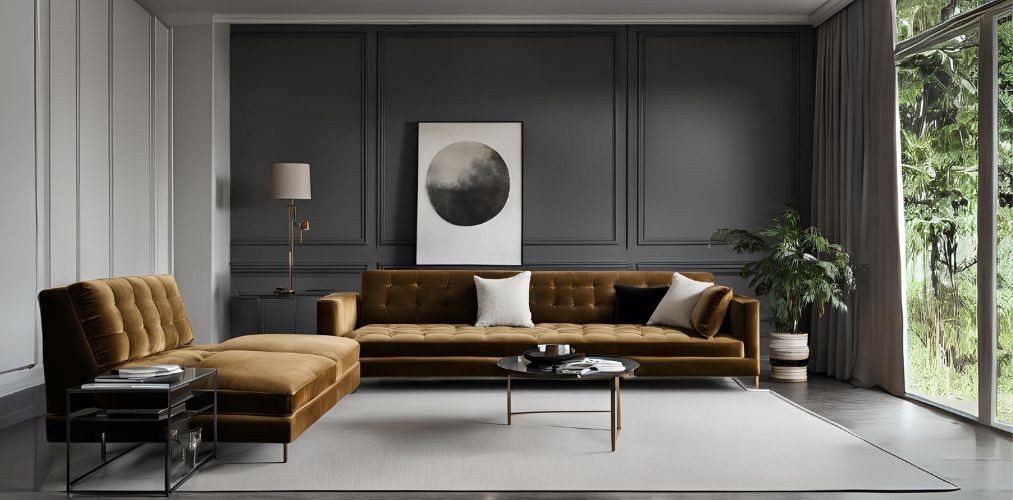 Minimalistic living room with velvet sectional sofa - Beautiful Homes