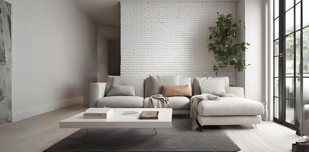 Minimalistic living room with white brick accent wall - Beautiful Homes