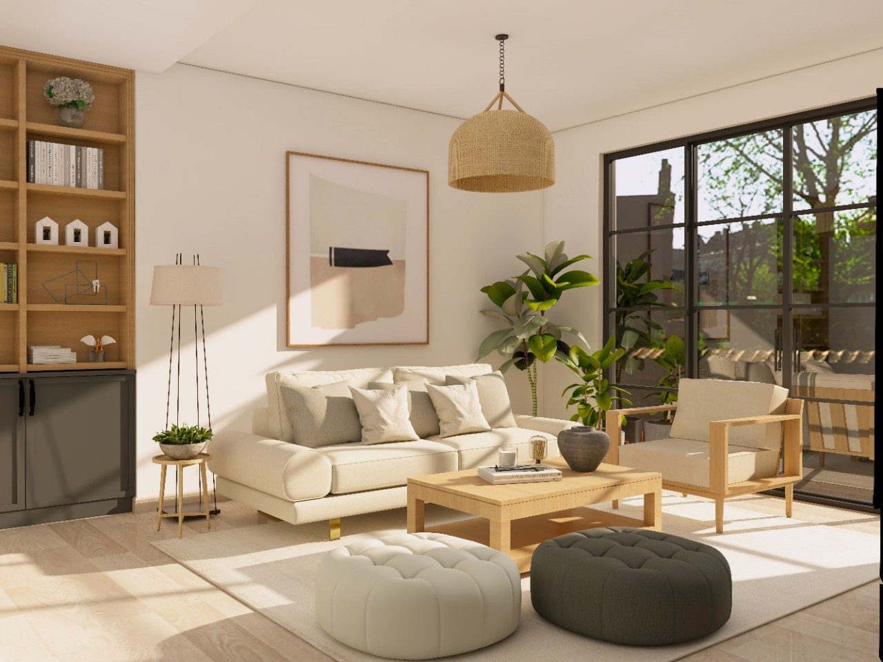 Minimalistic living room with white upholstered sofa set and 2 ottomans-Beautiful Homes