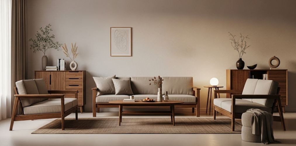 Modern living room with wooden furniture and neutral tones - Beautiful Homes