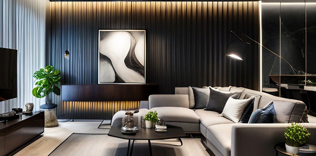 Modern living room with grey sofa and black PVC panels-Beautiful Homes