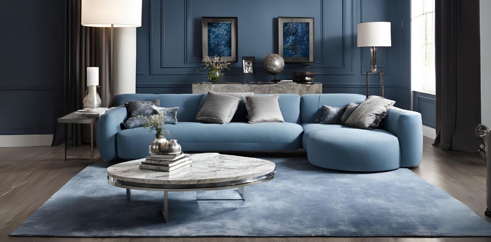 Modern blue living room design with grey marble oval coffee table - Beautiful Homes
