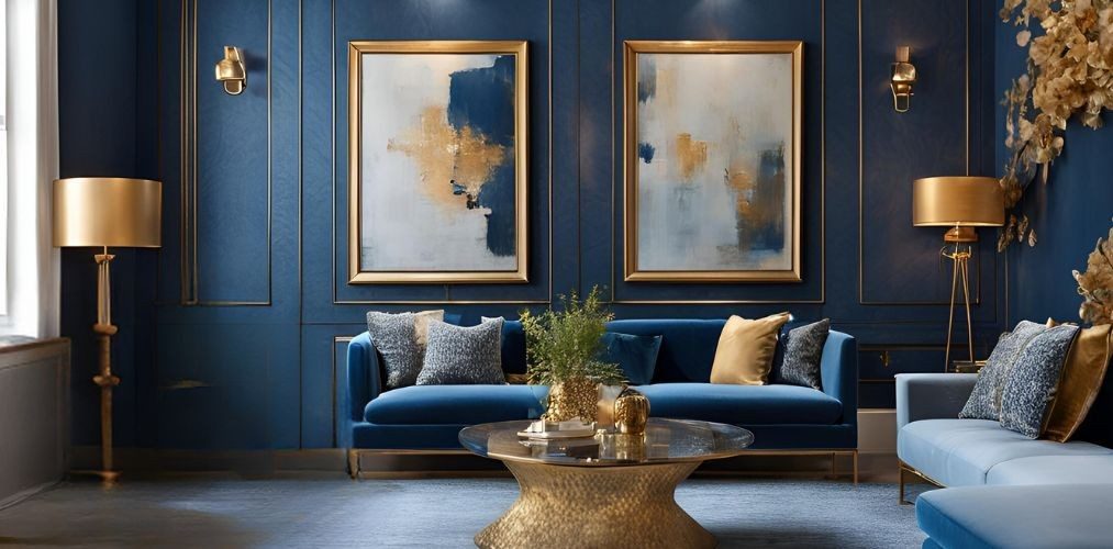 Modern blue living room with golden accents - Beautiful Homes