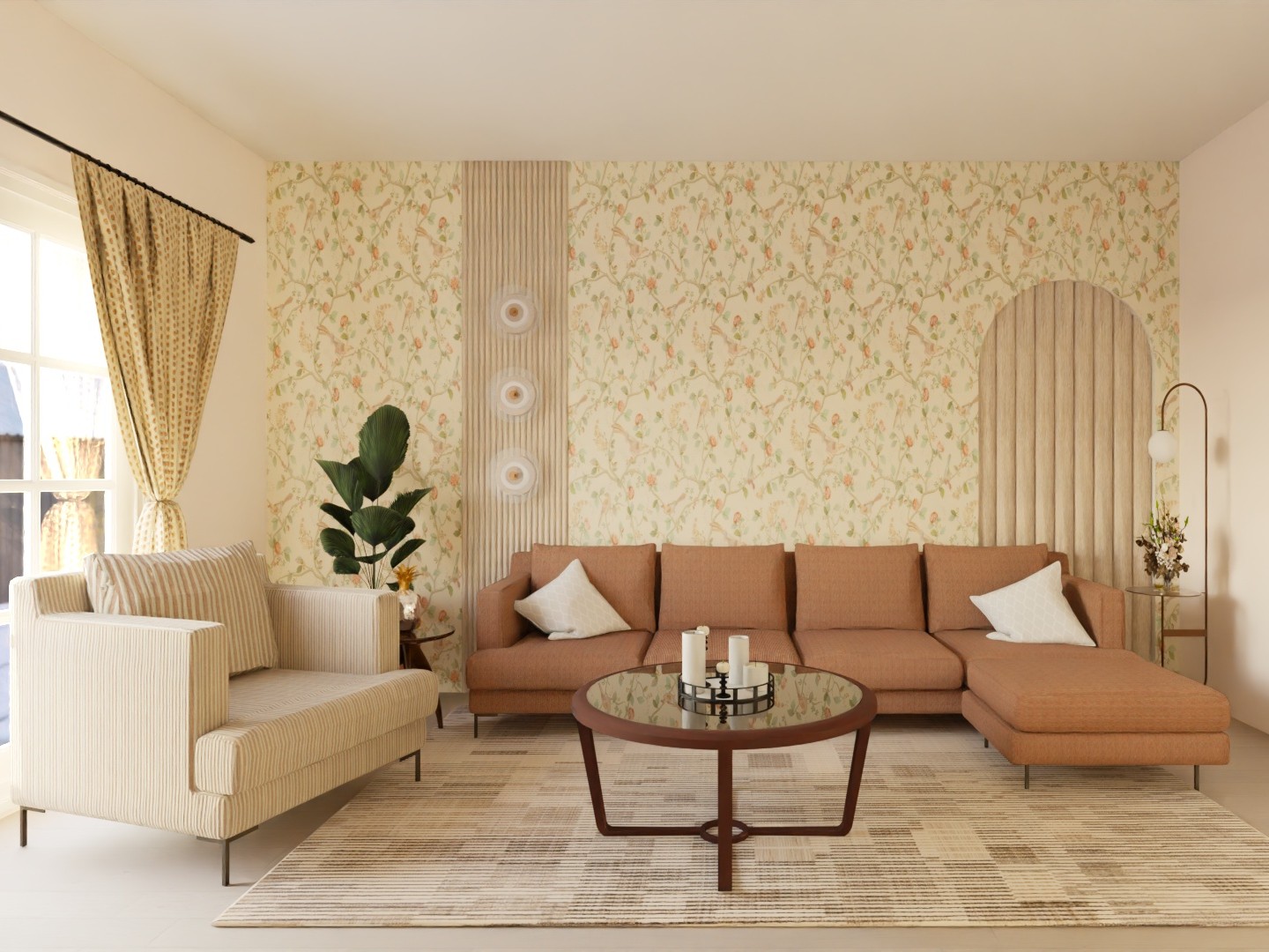Living room with floral wallpaper and modern décor - Beautiful Homes