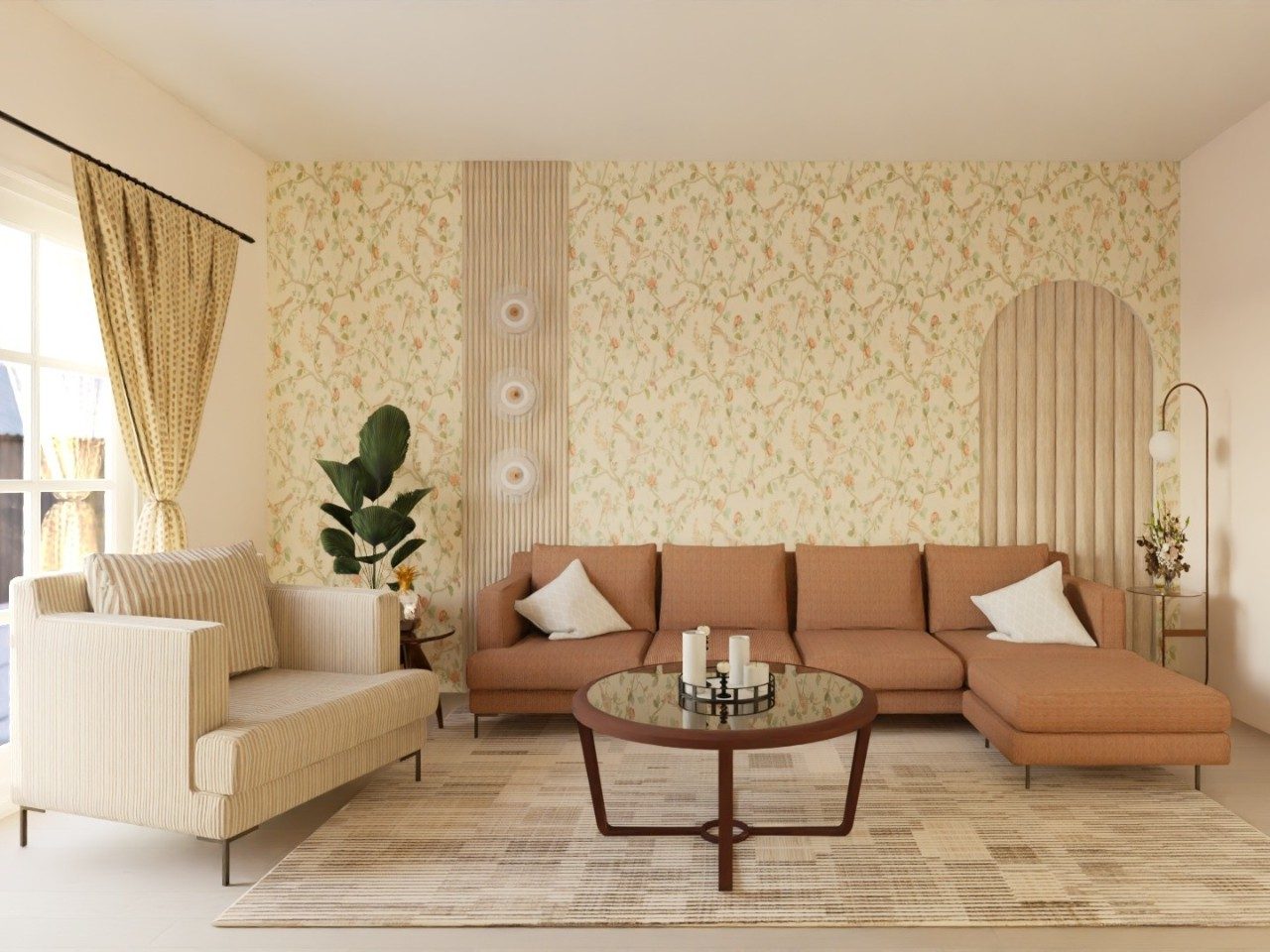 Living room with floral wallpaper and modern décor - Beautiful Homes
