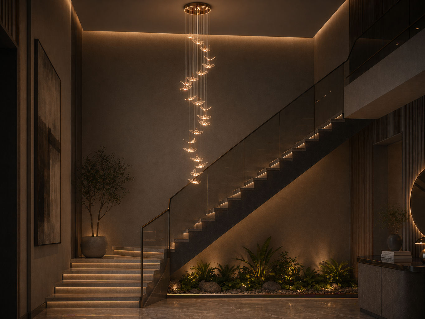 Luxury modern chandelier with delicate butterfly-inspired illuminated elements suspended beside a marble staircase - Beautiful Homes