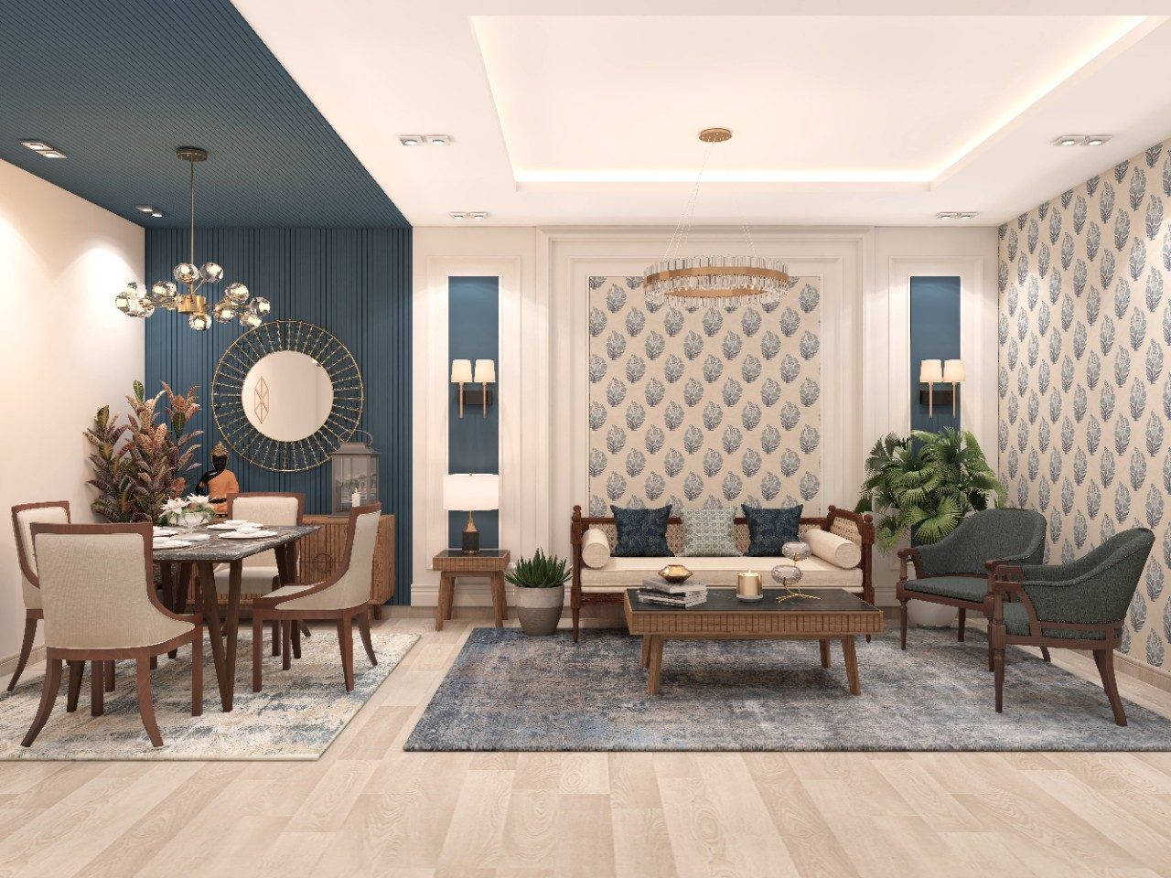 Modern classical blue and white living room with Nilaya wallpaper - Beautiful Homes