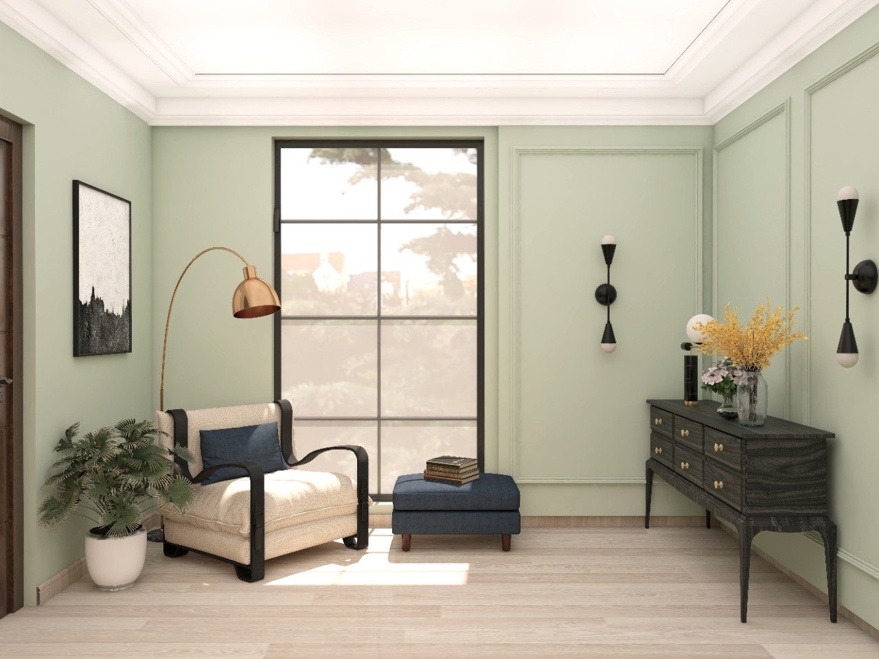 Modern classical corner design with floor lamp and mint green walls - Beautiful Homes