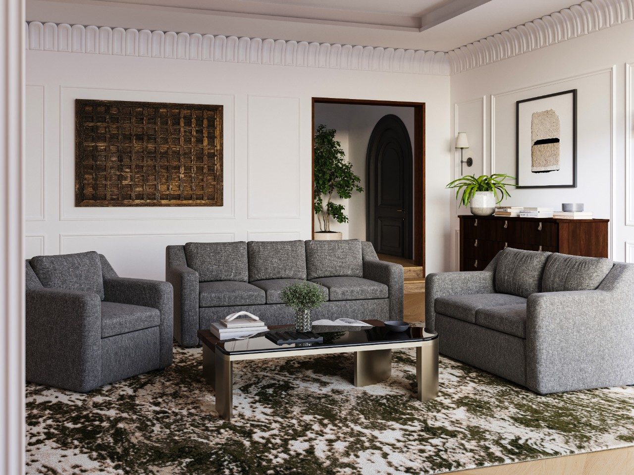 Classic living room with grey sofa and décor - Beautiful Homes