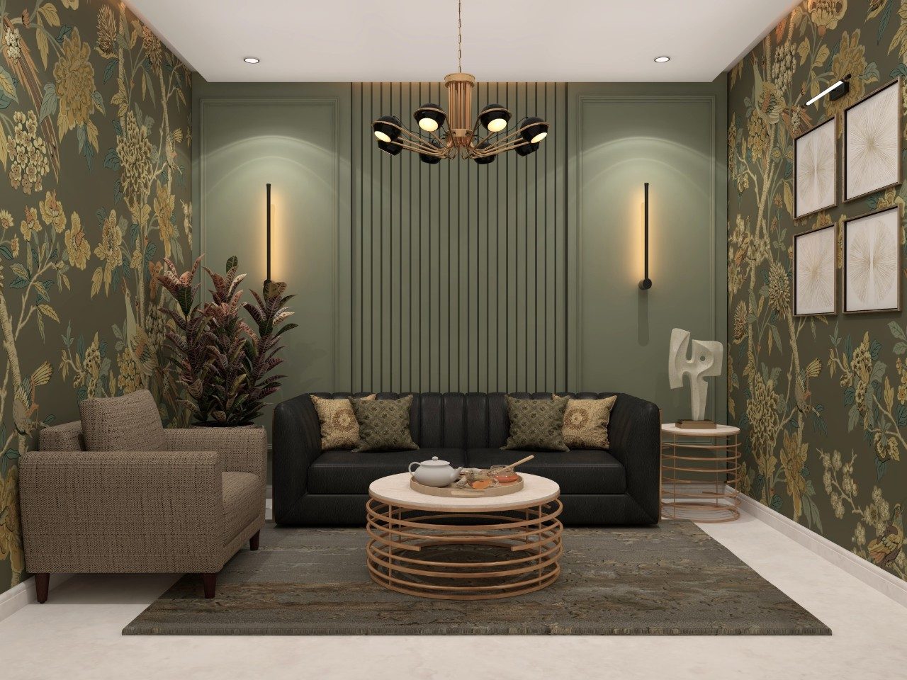 Modern classical living room with Nilaya Royale furniture, white teak chandelier and wall lights - Beautiful Homes