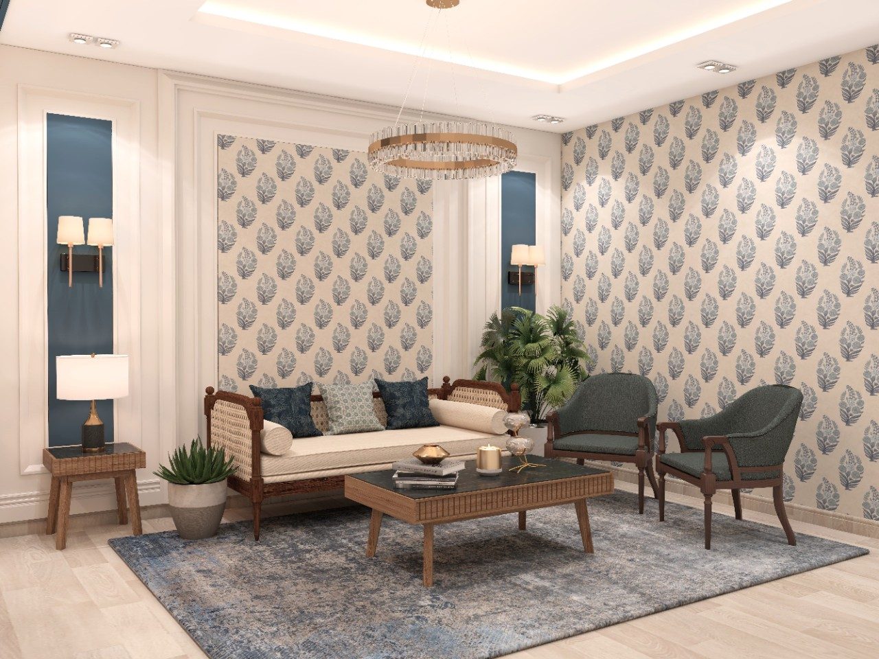 Modern classical living room with rattan back sofa and Nilaya wallpaper - Beautiful Homes