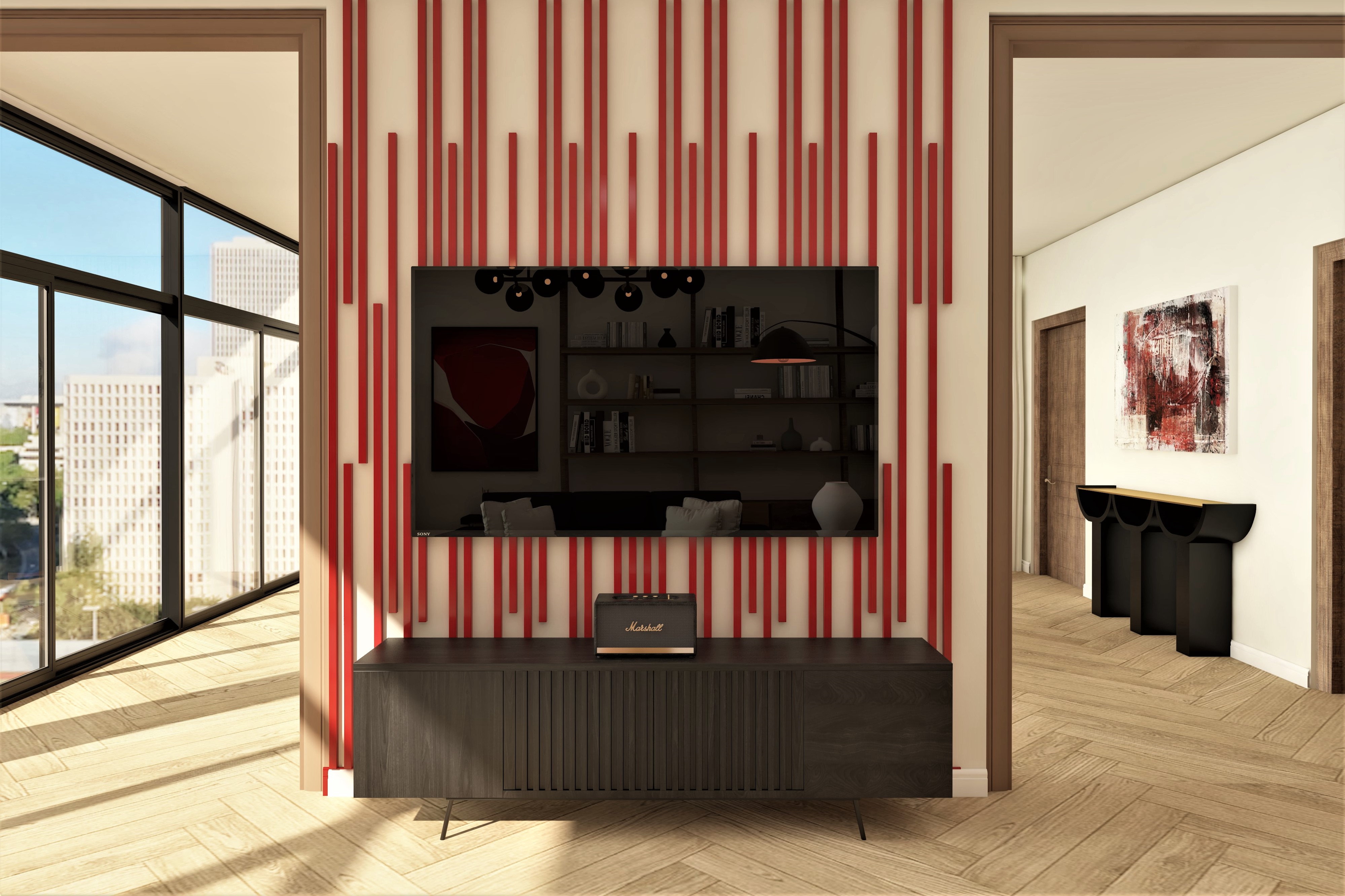 TV unit with red wall paneling and designer stand-Beautiful Homes