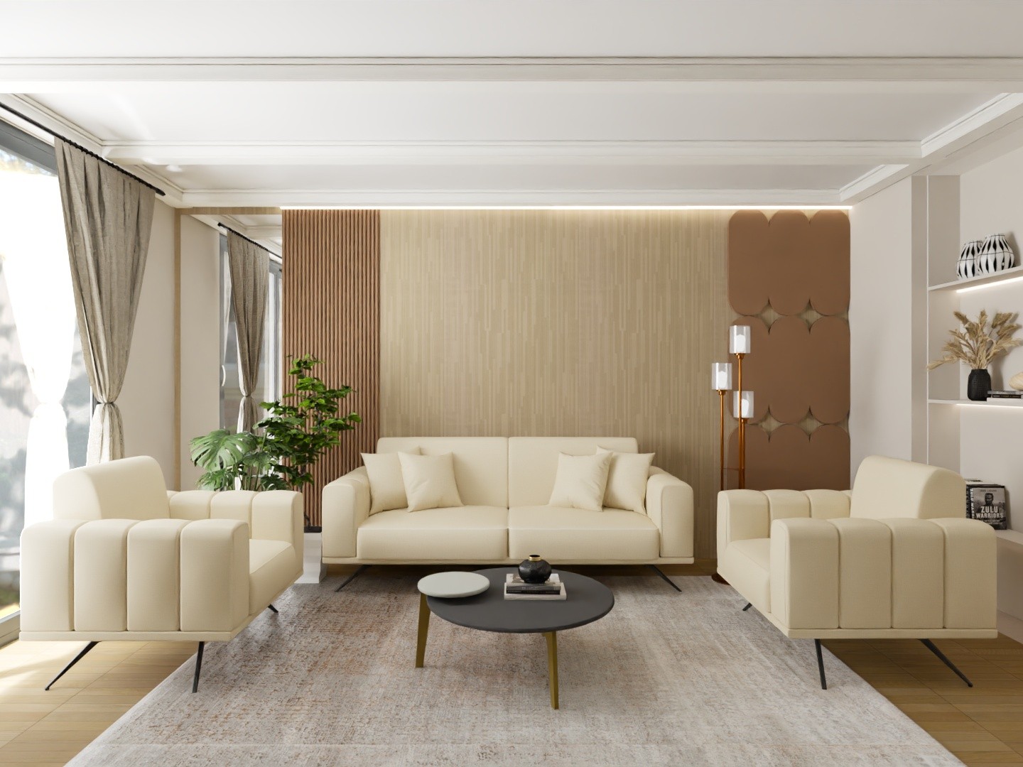 Living room with cream furniture and wood accents - Beautiful Homes