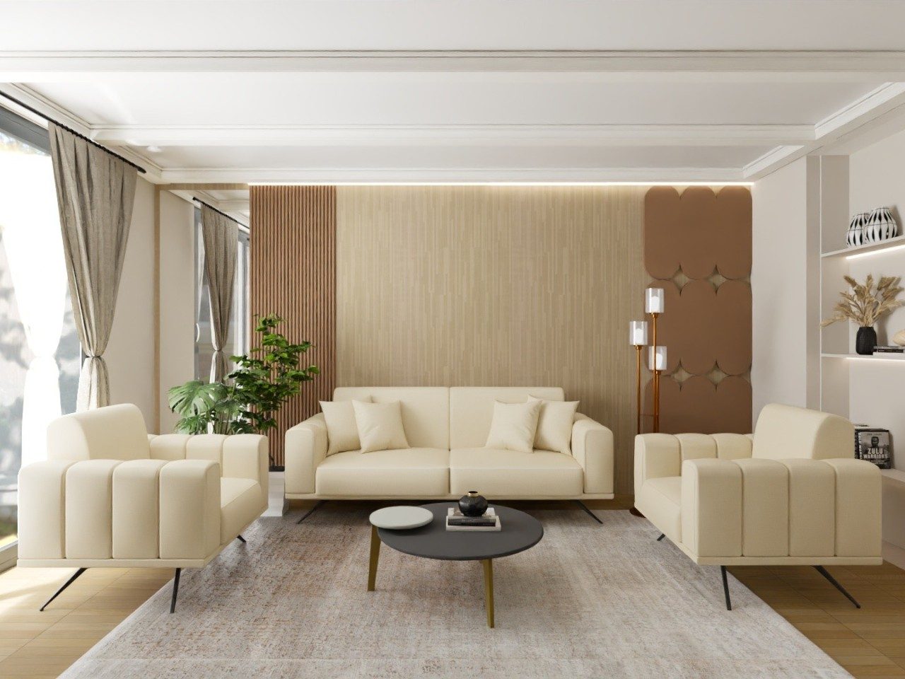 Living room with cream furniture and wood accents - Beautiful Homes