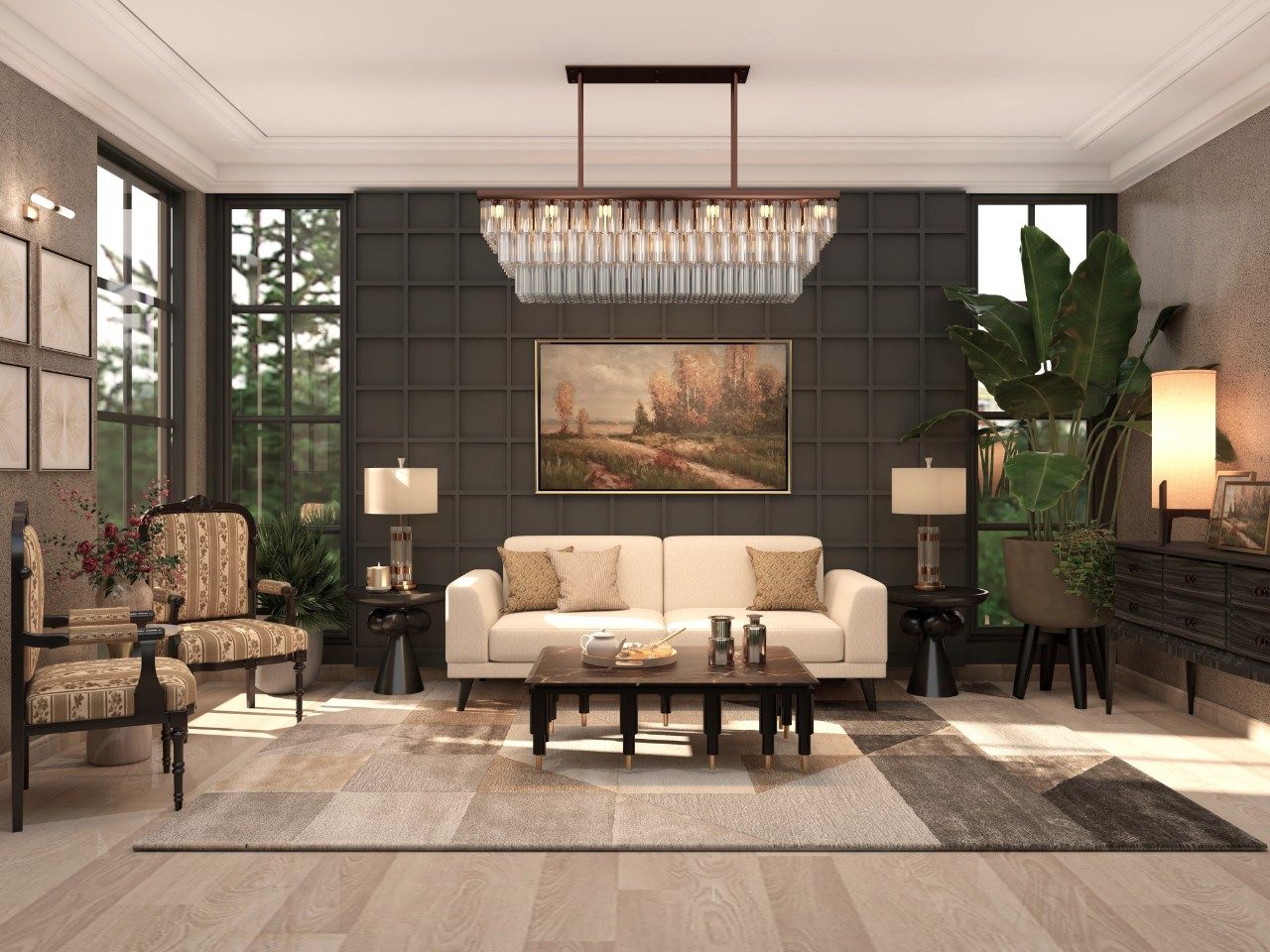 Modern Contemporary Living Area with Nilaya Luxe Furniture and Dark Brown Square Wall Panels - Beautiful Homes