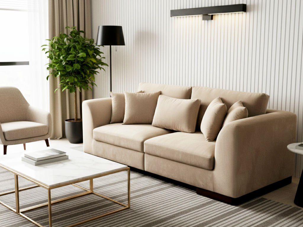 Elegant living room featuring a beige sofa, marble coffee table, and textured wall paneling - Beautiful Homes