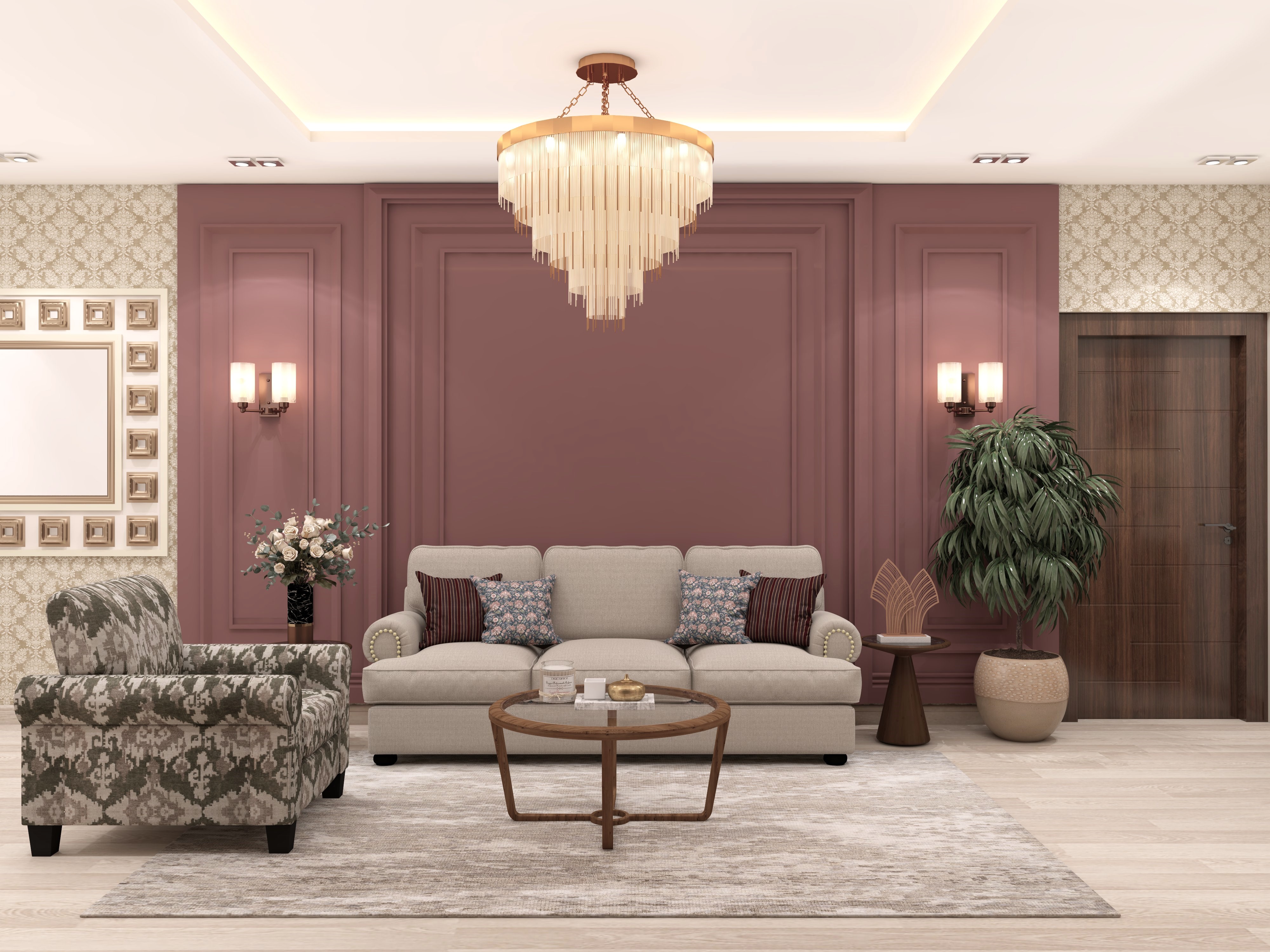 Modern living room with sofa and chandelier - Beautiful Homes