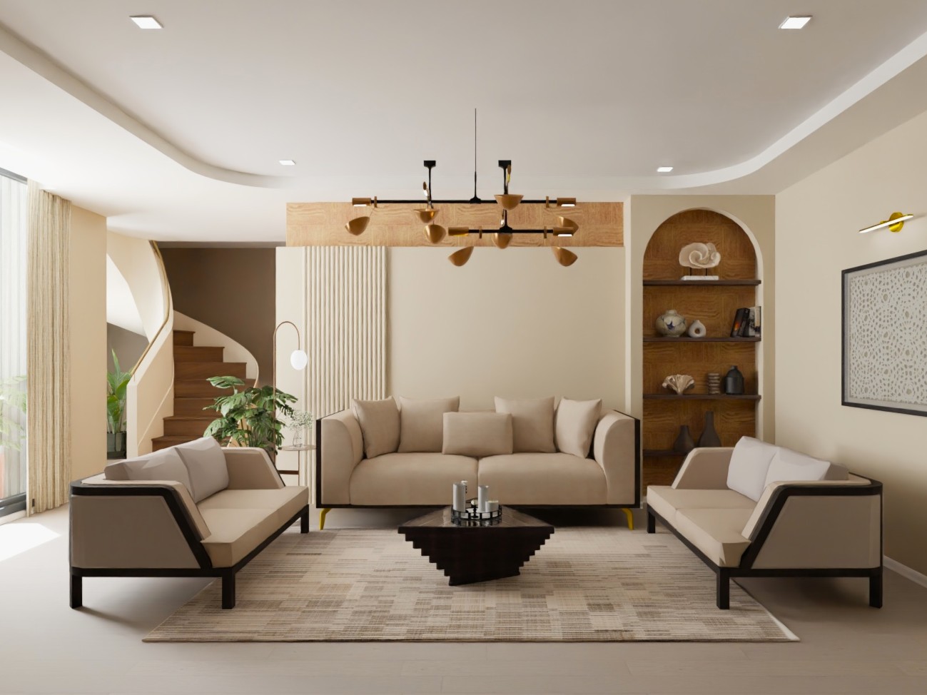 Living room with beige sofa and wooden table - Beautiful Homes