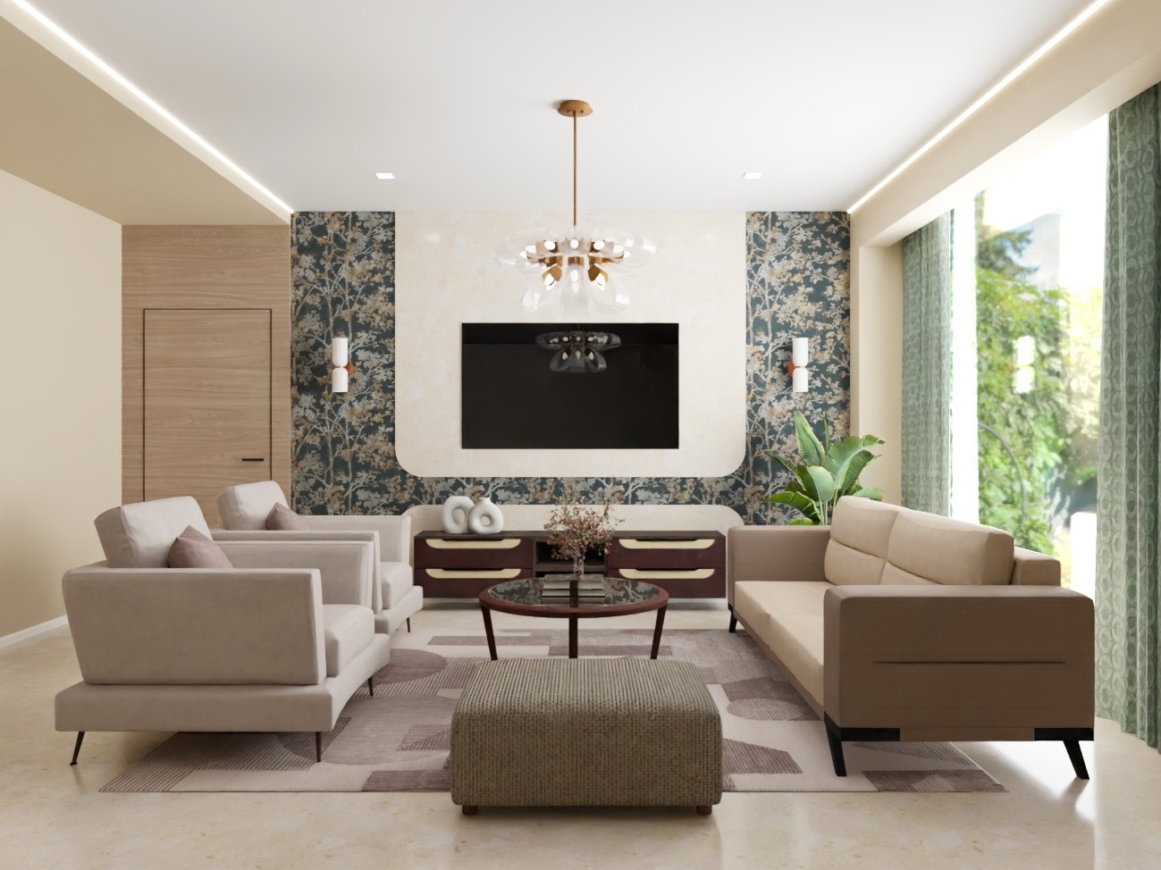 Modern living room with furniture and chandelier - Beautiful Homes