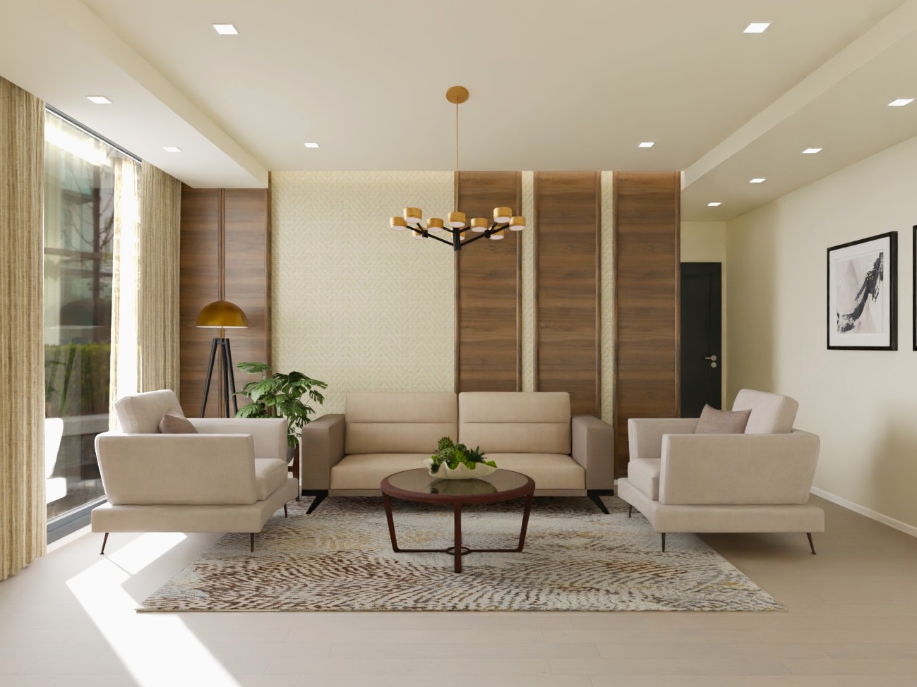 Living room with beige sofa and wooden panels - Beautiful Homes