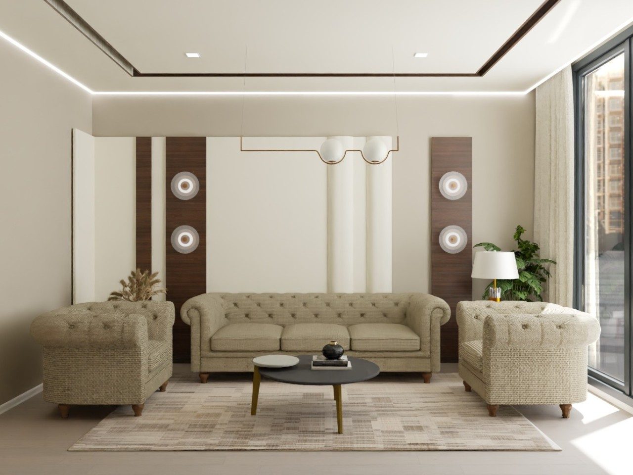 Living room with beige sofas and wooden panels - Beautiful Homes