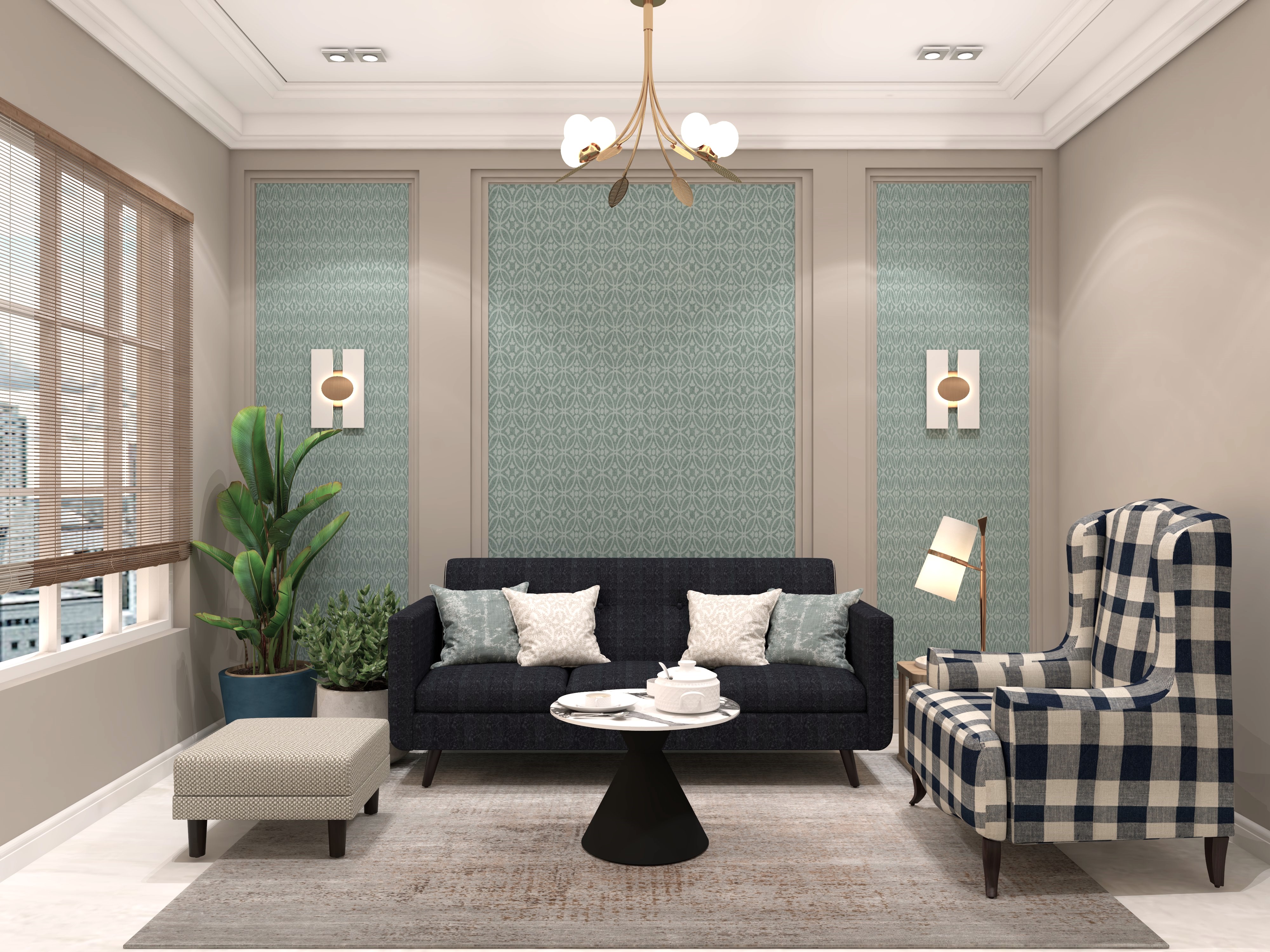 Living room with plaid armchair and green wall panels - Beautiful Homes