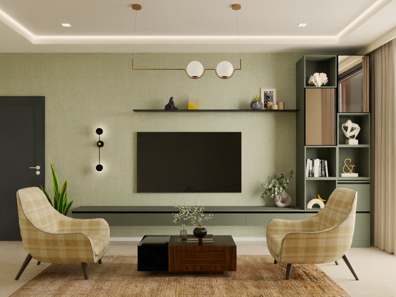 Contemporary living room featuring sage green walls, built-in storage, and cozy seating - Beautiful Homes