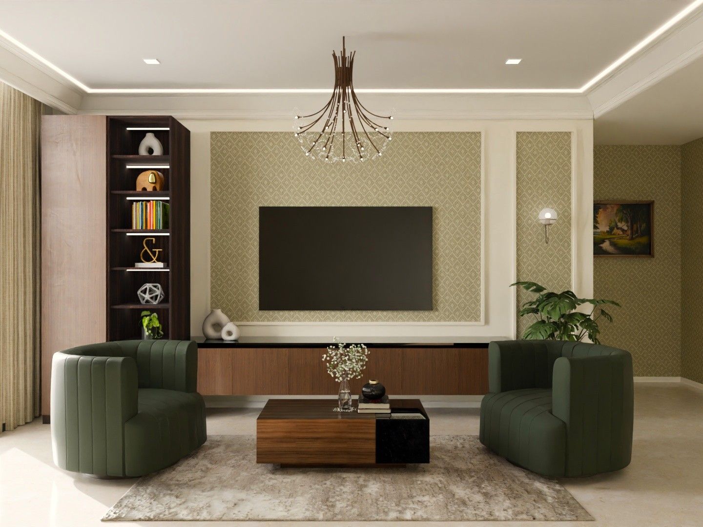 Modern living room with olive green armchairs and decorative shelving - Beautiful Homes