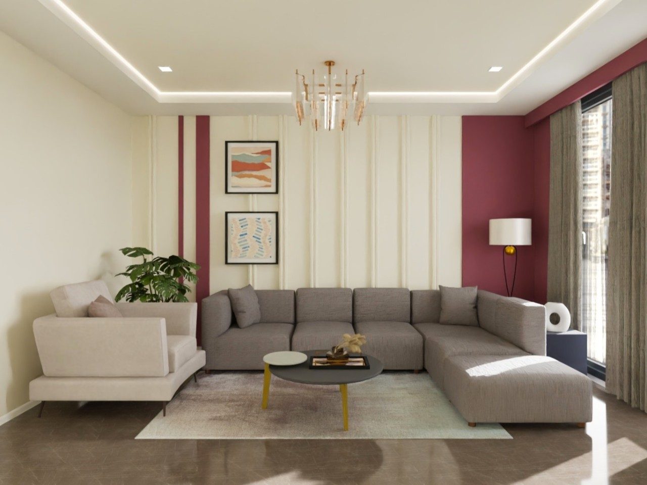 Modern living room with grey sofa and chandelier - Beautiful Homes