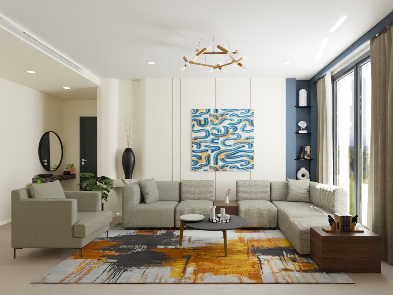 Modern living room with grey sofa and abstract art - Beautiful Homes