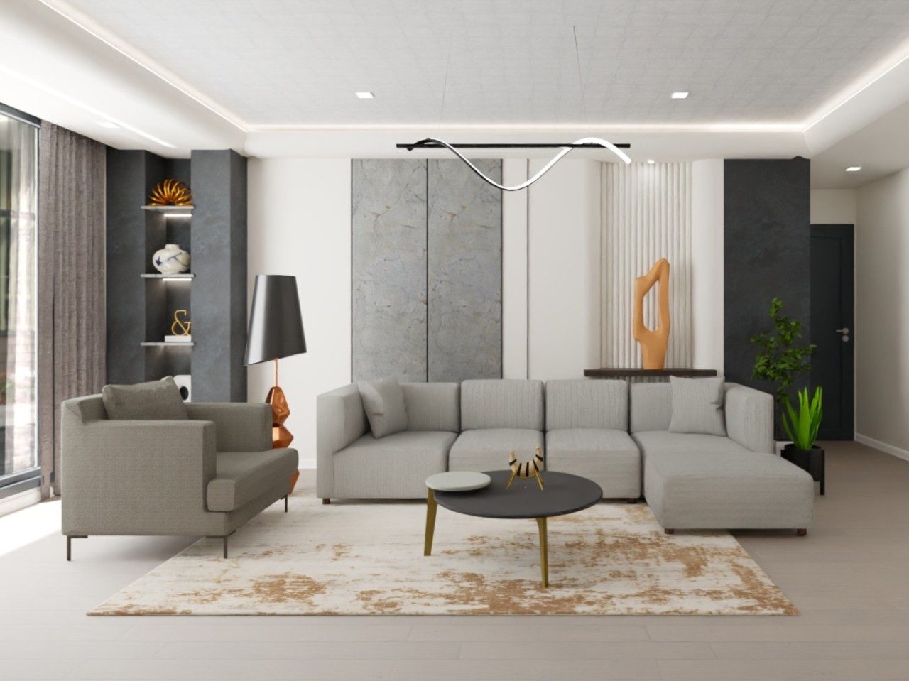 Modern living room with grey sofa and décor - Beautiful Homes