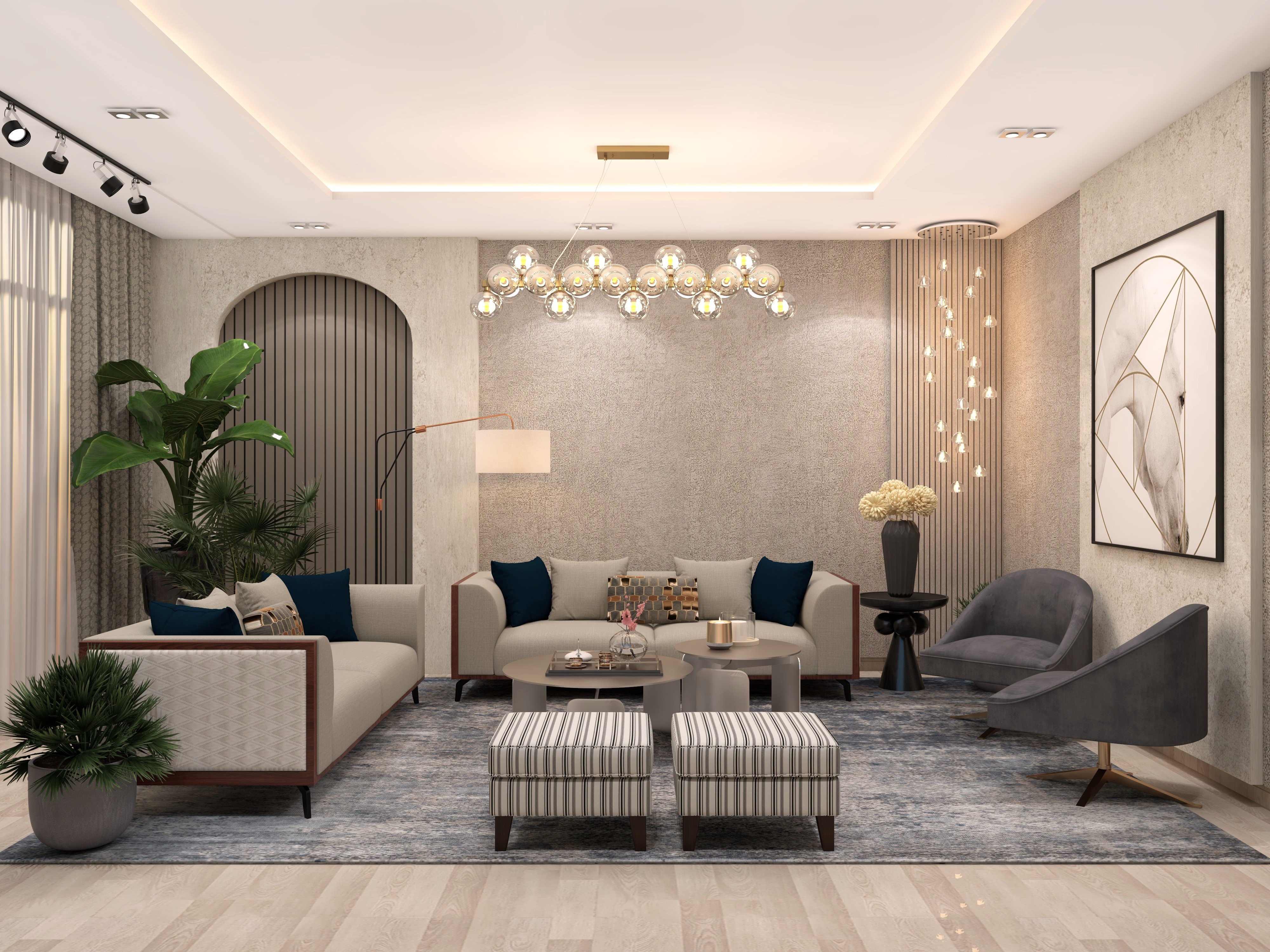 Modern living room with chandelier and grey sofa - Beautiful Homes