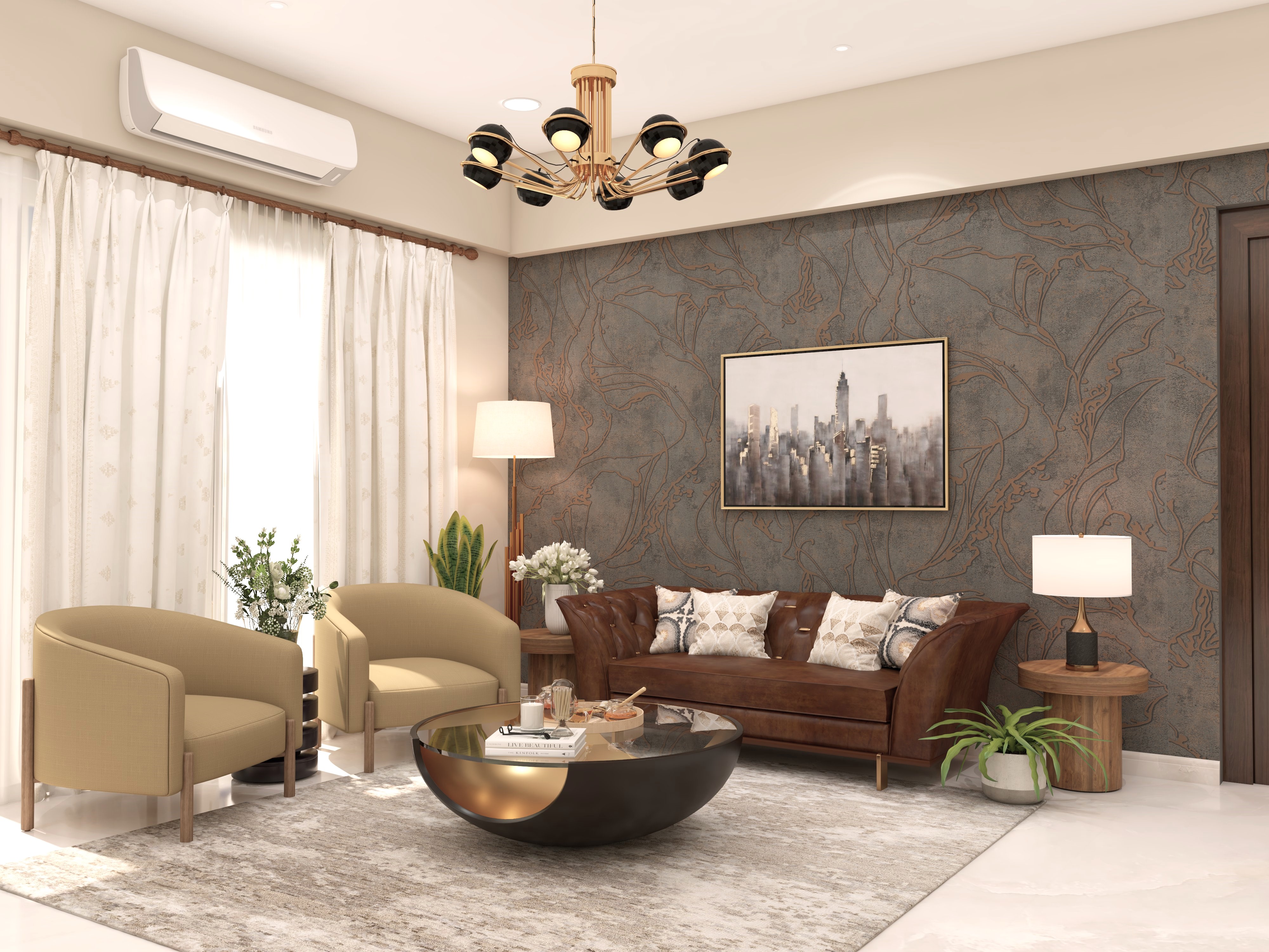 Modern contemporary living room with Nilaya leather sofa and wallpaper - Beautiful Homes
