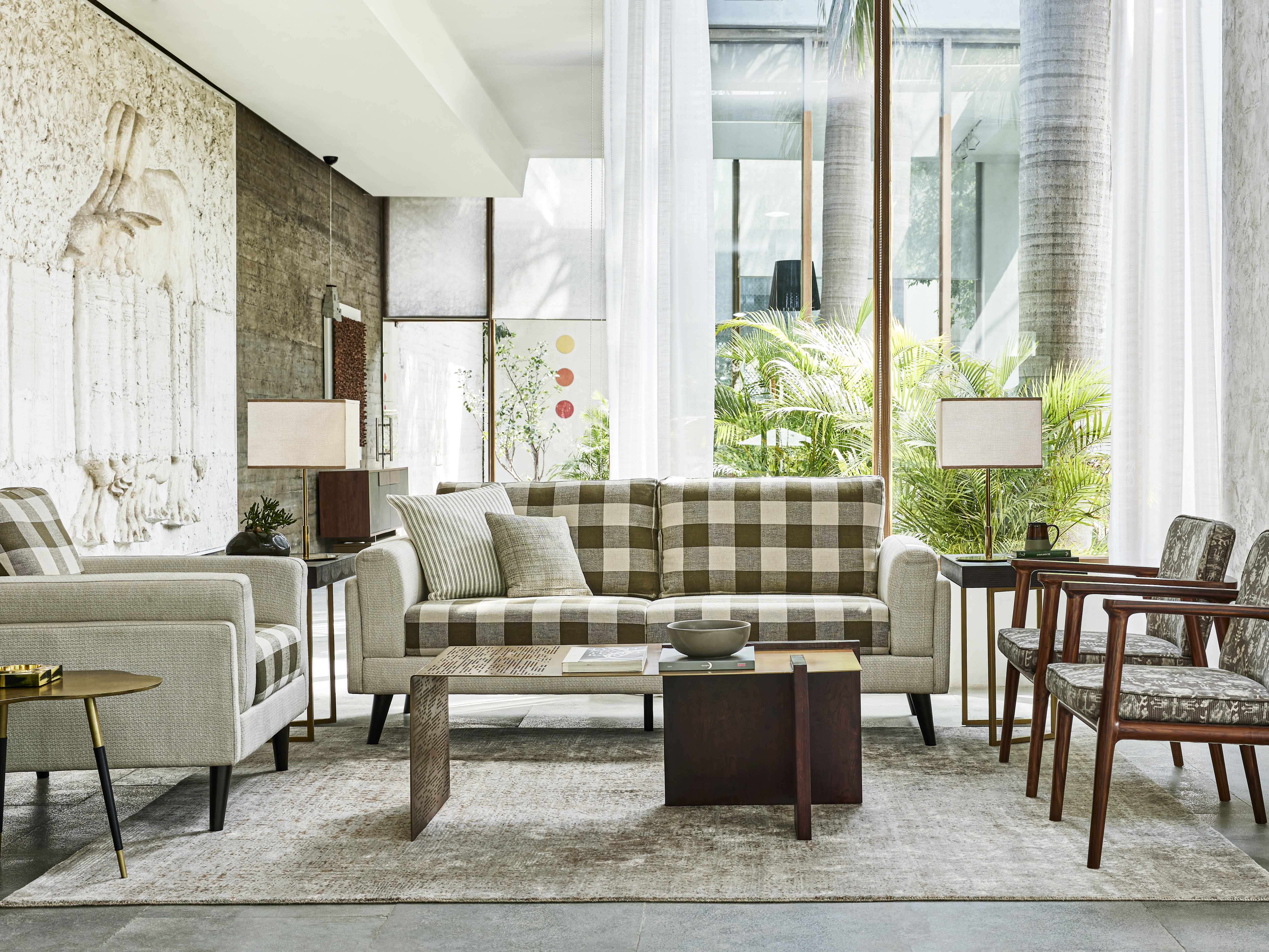 Modern living room with plaid sofa set - Beautiful Homes