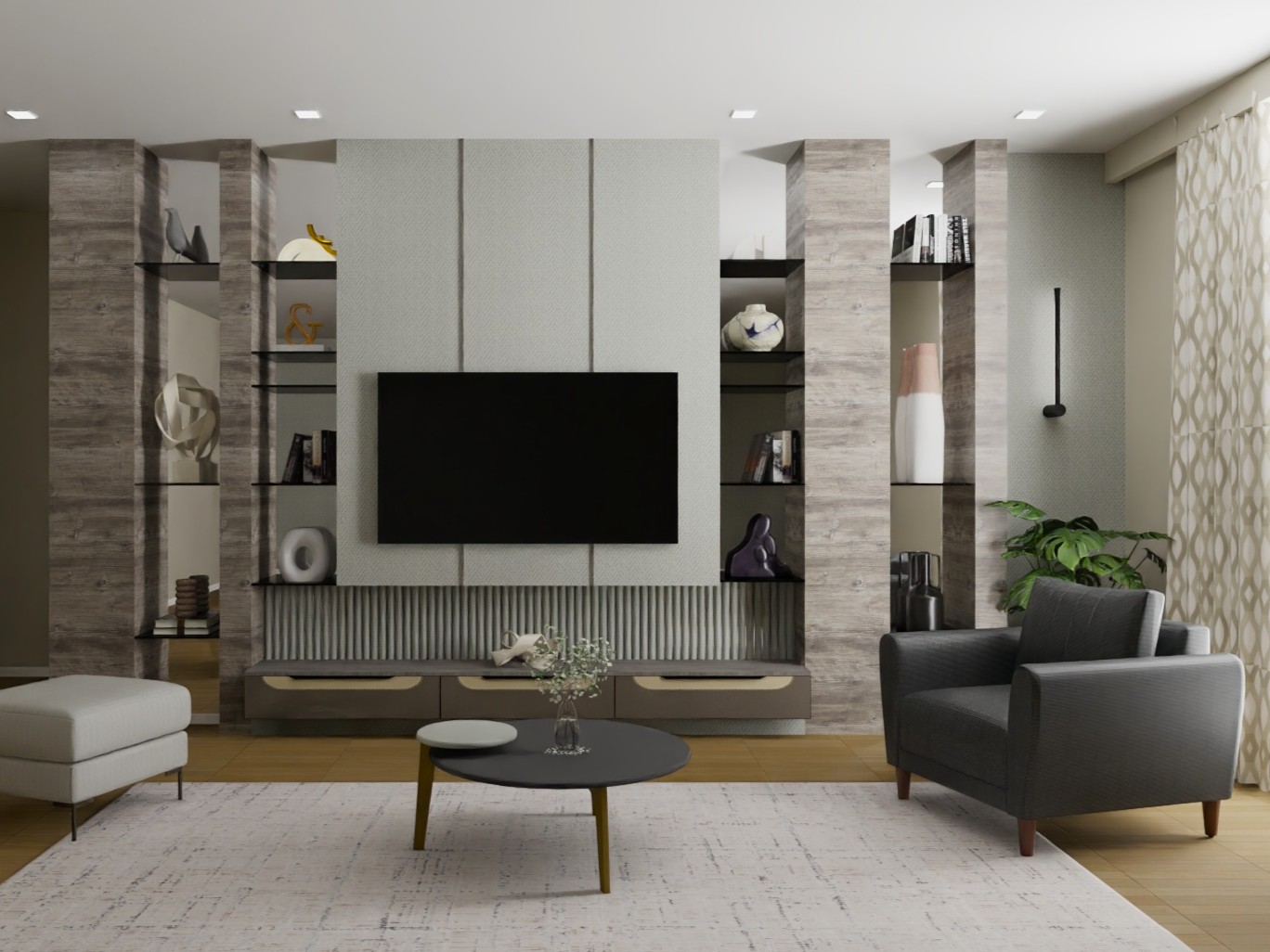 Living room with TV unit and modern décor - Beautiful Homes