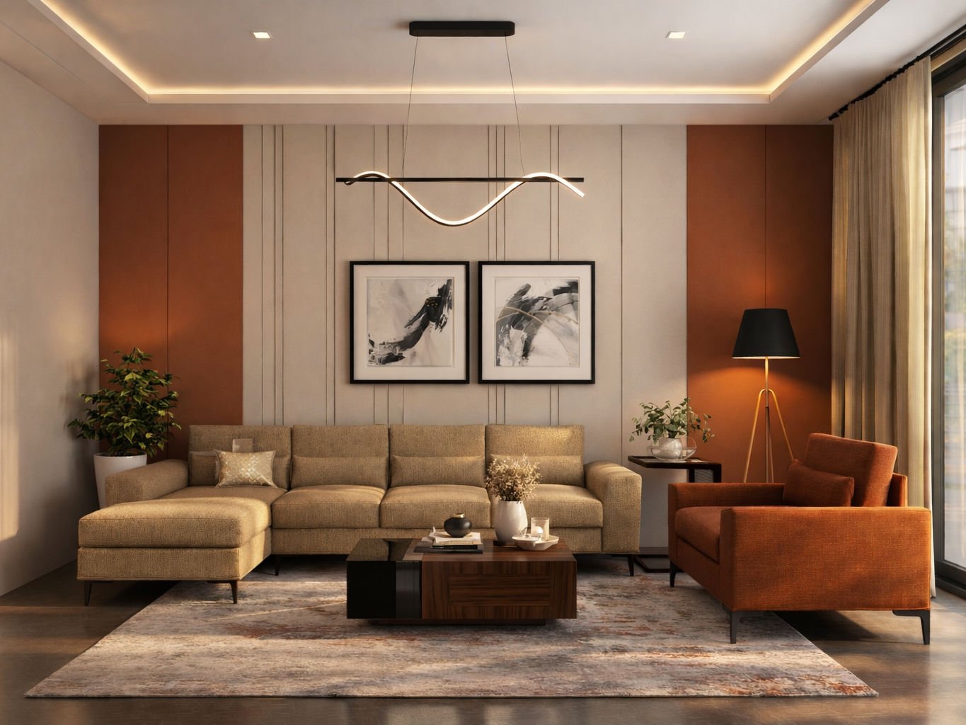 Contemporary living room featuring a beige sectional sofa, terracotta wall panels, and abstract art - Beautiful Homes