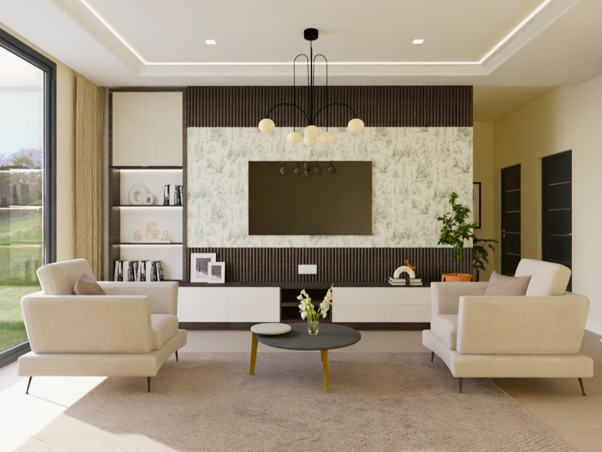 Modern living room with sofa, carpet, and TV unit - Beautiful Homes