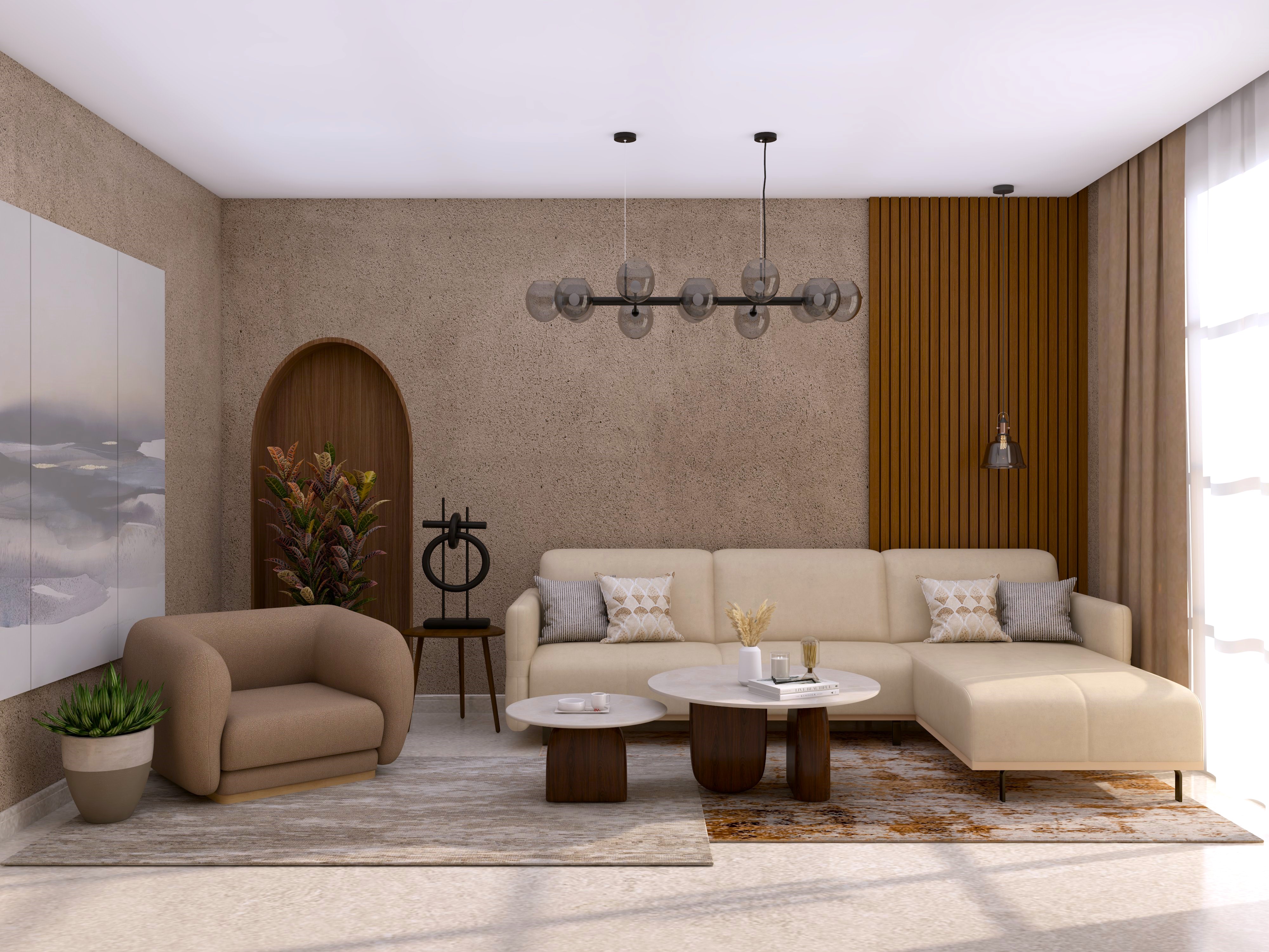 Modern contemporary living room with white Nilaya Luxe sofa and white teak lights - Beautiful Homes