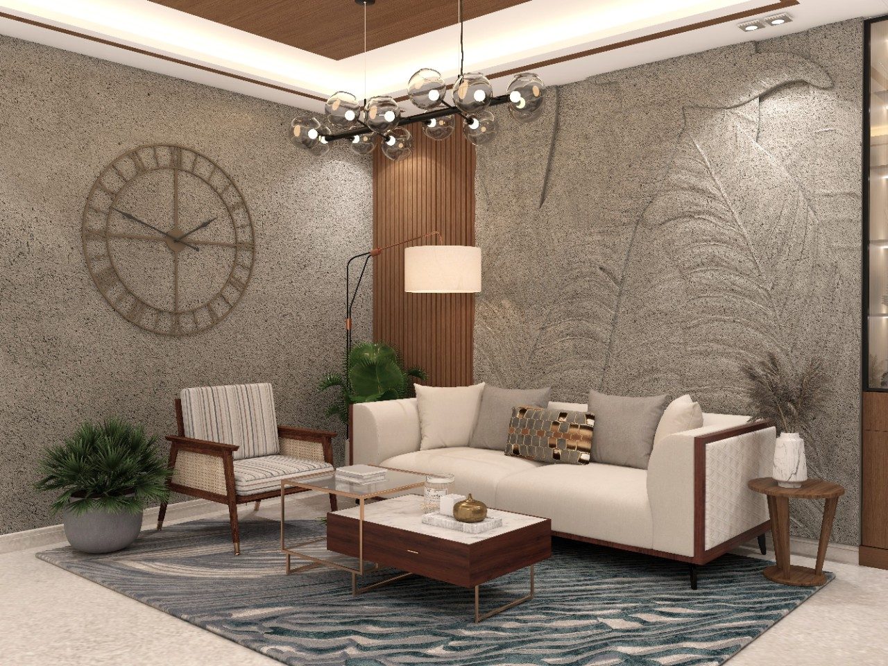 Modern contemporary living room with white upholstered wooden sofa and textured grey leaf walls - Beautiful Homes