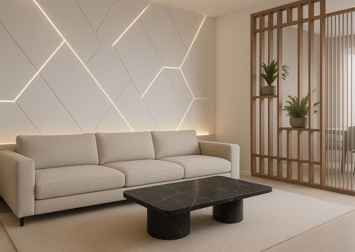 Living room with beige sofa and geometric wall - Beautiful Homes